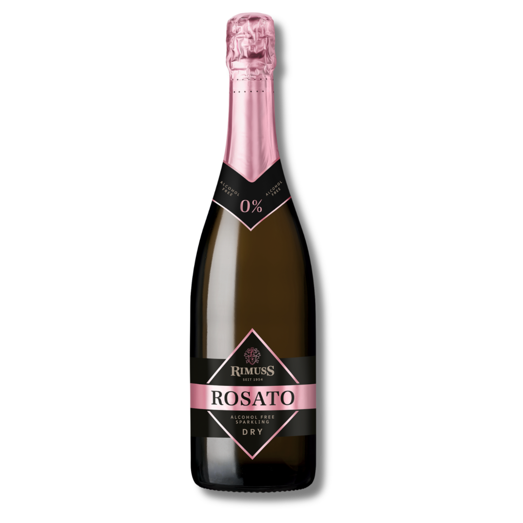 Butelka firmy Rimuss z winem musujących bez alkoholu Rosato Dry. Produkt szwajcarskiej firmy wspierający kategorię NoLo.