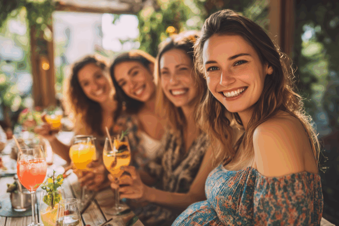 Przyszła mama trzymająca kieliszek bezalkoholowego prosecco Ish podczas baby shower. Koleżanki pijące koktajle bezalkoholowe ISH.