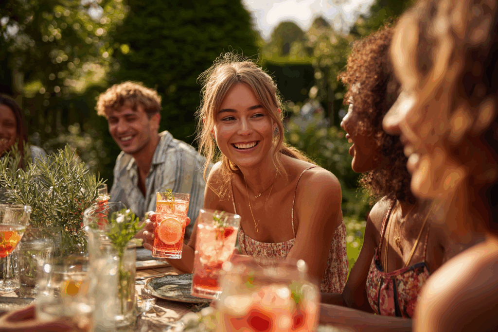 Naturalne, lifestyle'owe zdjęcie grupy znajomych siedzących przy stole w ogrodzie podczas wspólnego świętowania. Kobiety ubrane w letnie sukienki, mężczyźni w koszulach, wszyscy trzymają kolorowe napoje bezalkoholowe. Ujęcie wykonane w stylu zdjęcia iPhone 15 Pro Max – z miękkim światłem, realistycznymi emocjami i wakacyjną atmosferą. Idealne do artykułów o baby shower, celebracjach z prosecco bezalkoholowym i nowoczesnych imprezach ogrodowych.