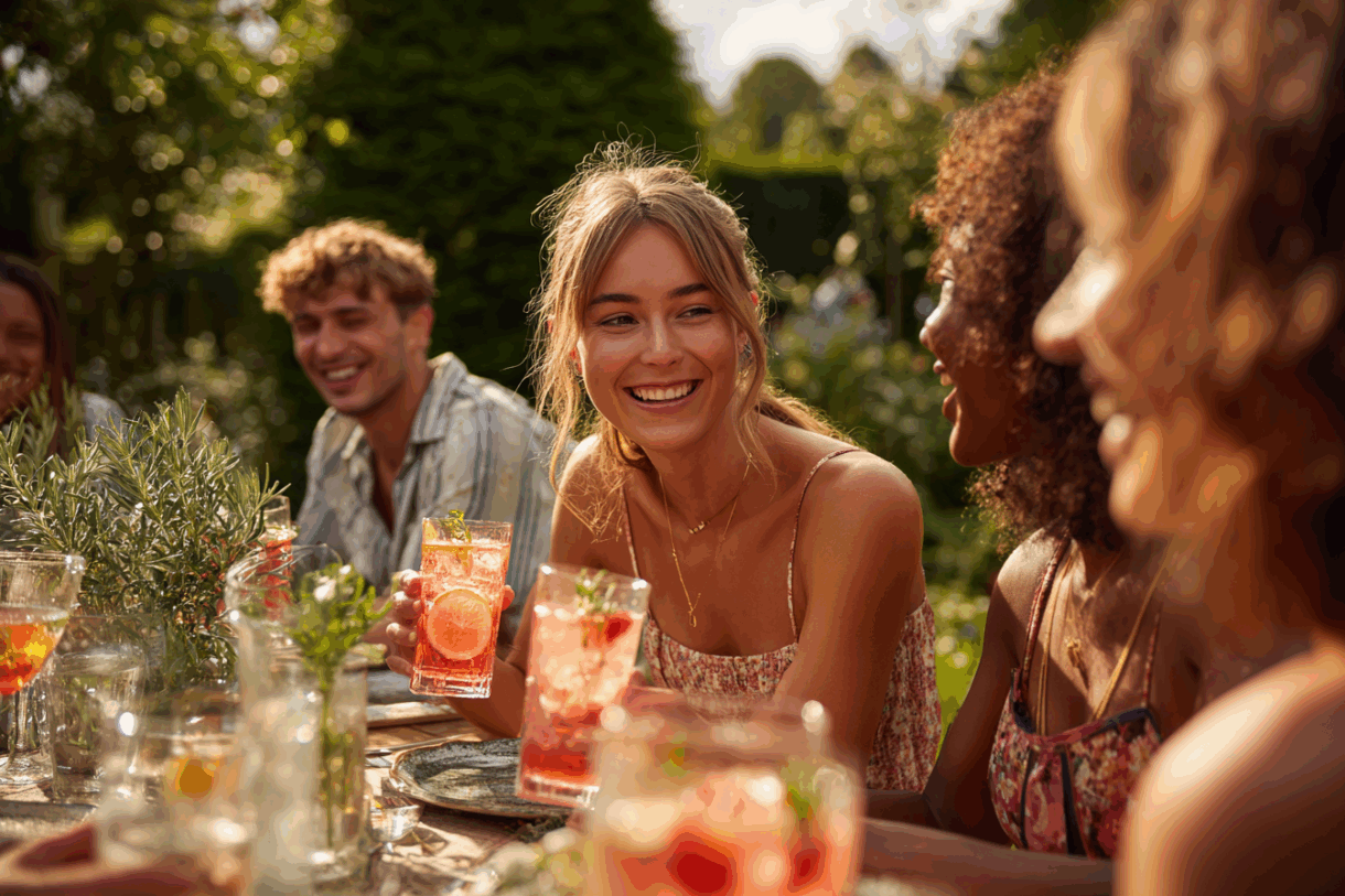 Naturalne, lifestyle'owe zdjęcie grupy znajomych siedzących przy stole w ogrodzie podczas wspólnego świętowania. Kobiety ubrane w letnie sukienki, mężczyźni w koszulach, wszyscy trzymają kolorowe napoje bezalkoholowe. Ujęcie wykonane w stylu zdjęcia iPhone 15 Pro Max – z miękkim światłem, realistycznymi emocjami i wakacyjną atmosferą. Idealne do artykułów o baby shower, celebracjach z prosecco bezalkoholowym i nowoczesnych imprezach ogrodowych.