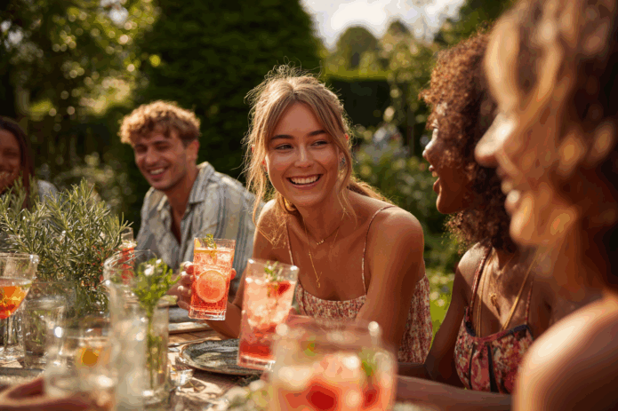 Naturalne, lifestyle'owe zdjęcie grupy znajomych siedzących przy stole w ogrodzie podczas wspólnego świętowania. Kobiety ubrane w letnie sukienki, mężczyźni w koszulach, wszyscy trzymają kolorowe napoje bezalkoholowe. Ujęcie wykonane w stylu zdjęcia iPhone 15 Pro Max – z miękkim światłem, realistycznymi emocjami i wakacyjną atmosferą. Idealne do artykułów o baby shower, celebracjach z prosecco bezalkoholowym i nowoczesnych imprezach ogrodowych.