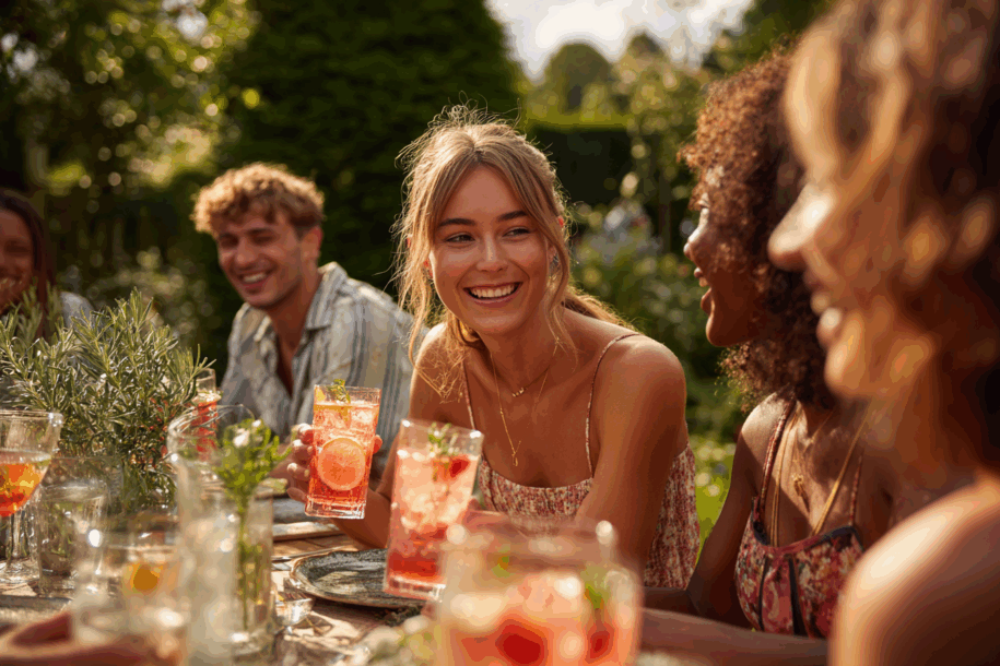 Naturalne, lifestyle'owe zdjęcie grupy znajomych siedzących przy stole w ogrodzie podczas wspólnego świętowania. Kobiety ubrane w letnie sukienki, mężczyźni w koszulach, wszyscy trzymają kolorowe napoje bezalkoholowe. Ujęcie wykonane w stylu zdjęcia iPhone 15 Pro Max – z miękkim światłem, realistycznymi emocjami i wakacyjną atmosferą. Idealne do artykułów o baby shower, celebracjach z prosecco bezalkoholowym i nowoczesnych imprezach ogrodowych.