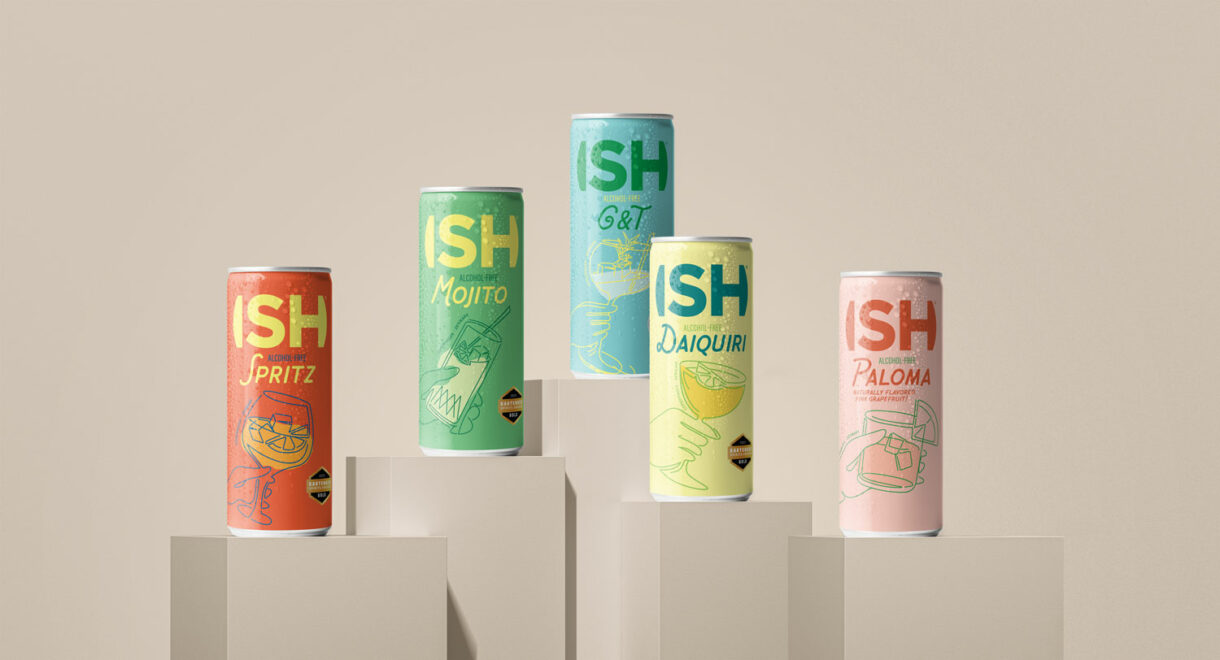 Kolekcja bezalkoholowych koktajli ISH: Spritz, Mojito, G&T, Daiquiri, Paloma – gotowe do picia napoje premium NoLo w puszkach.