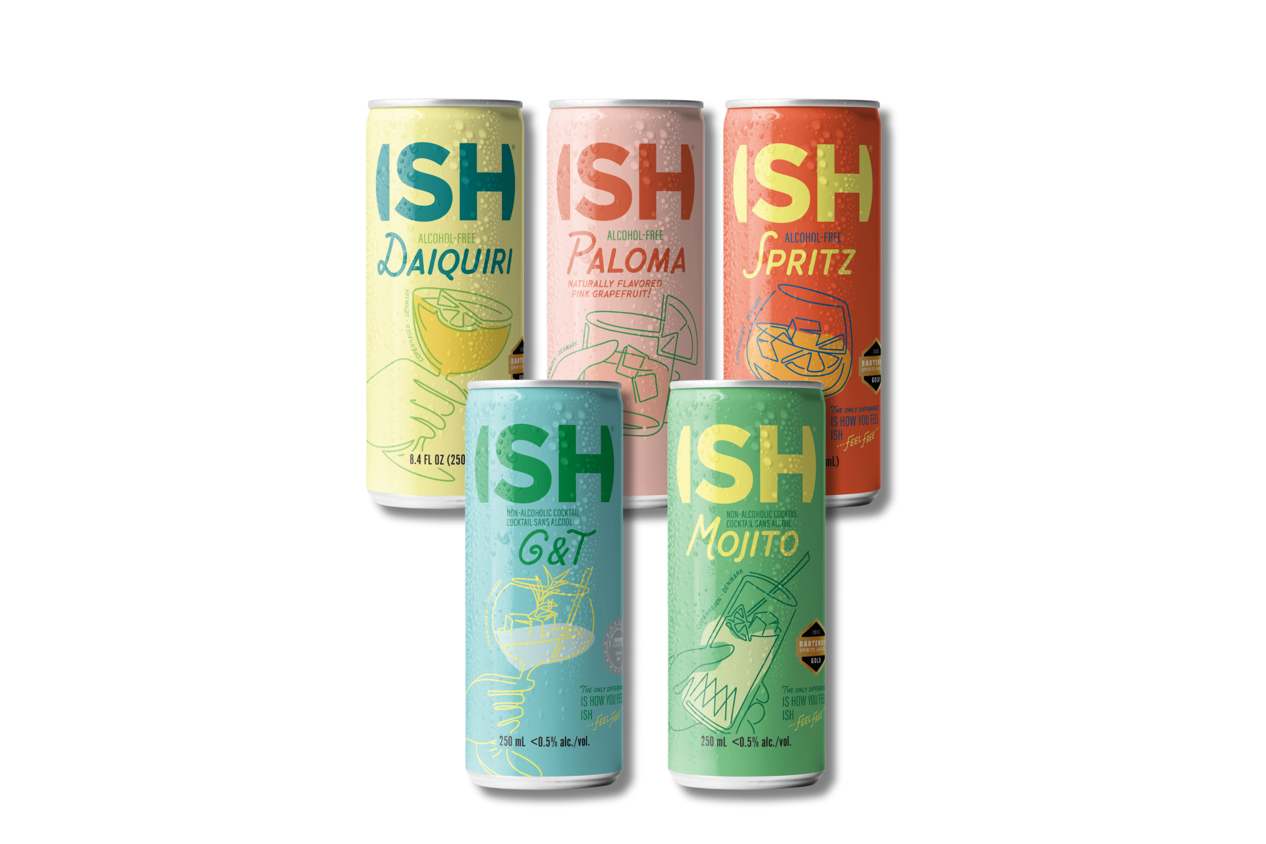 Zestaw pięciu puszek koktajli bezalkoholowych ISH Spirits: Spritz, Mojito, Gin & Tonic, Daiquiri, Paloma – gotowe do picia napoje premium NoLo.