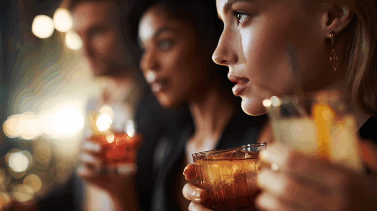 Grupa młodych dorosłych w barze trzymających eleganckie koktajle bezalkoholowe, w ciepłym świetle i premium, nowoczesnej atmosferze.