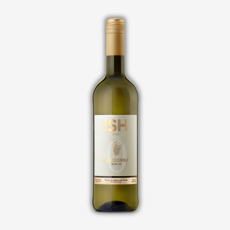Butelka wina bezalkoholowego ISH Chardonnay o pojemności 750 ml - elegancka etykieta w złotym kolorze