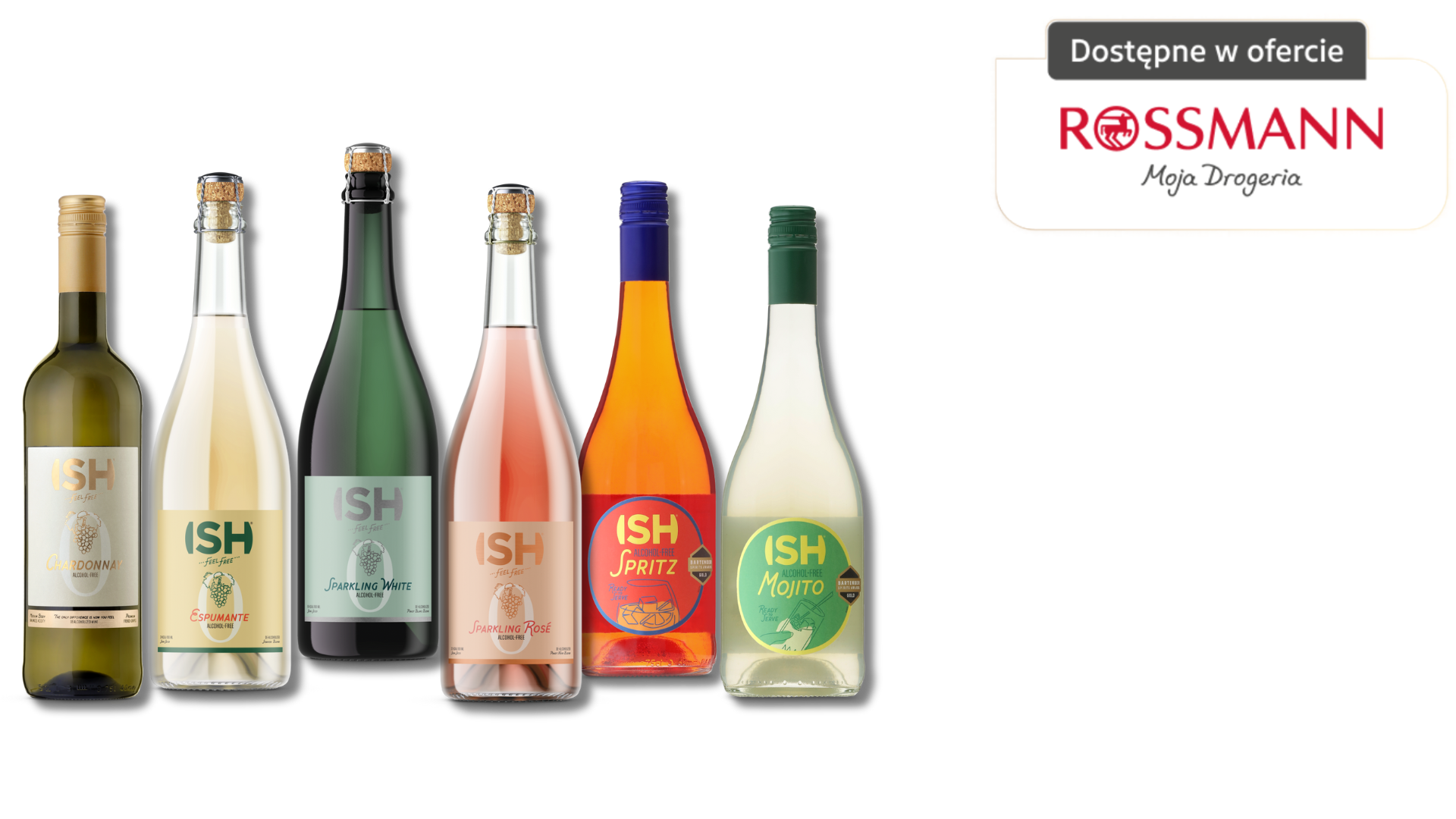 Produkty bezalkoholowe ISH Spirits dostępne w Rossmann – zestaw win 0% i koktajli RTD w eleganckiej prezentacji.